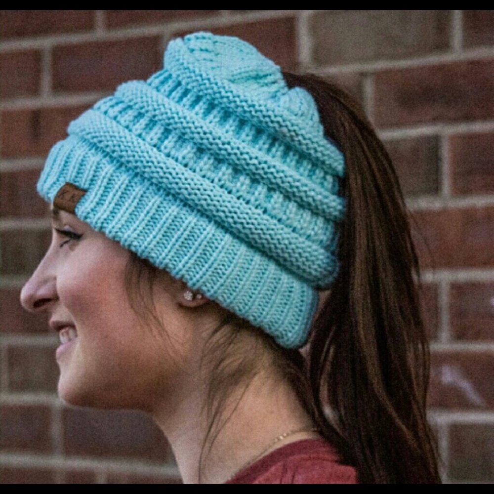 Knitted Ponytail Beanie-Turquoise